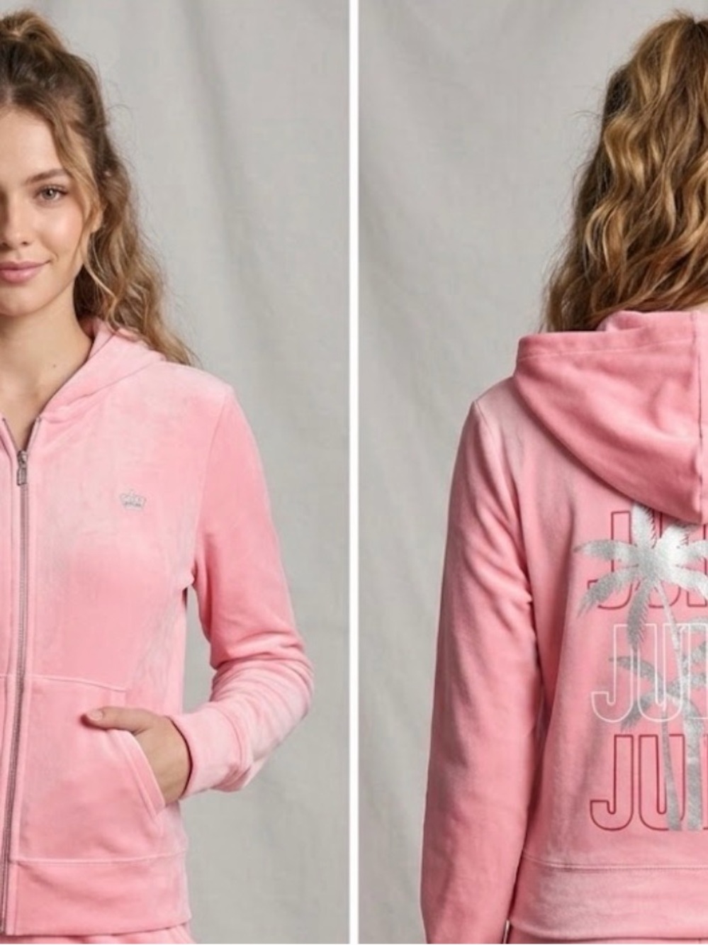 Juicy Couture Pink Velour Zip Hoodie with Shimmer Palm Back